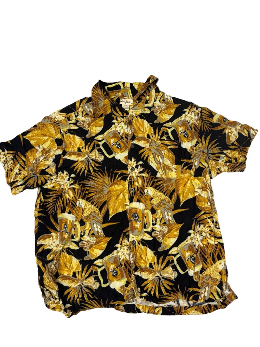 Vintage Panama Jack shirt Hawaiian beer palm leaves parrots margaritas
